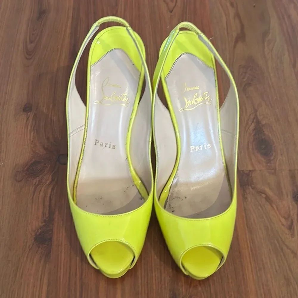 Christian Louboutin yellow patent leather sling back to let out heels size 37